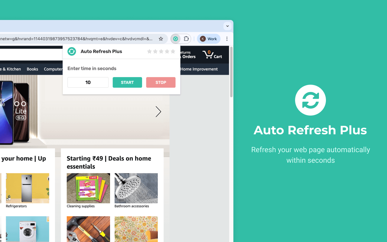 Auto Refresh Plus popup open in Chrome with the interval set to 10 seconds and the START and STOP buttons